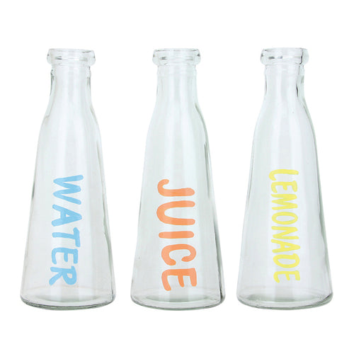 Set of 3 - Water, Juice and Lemonade old fashion glass bottles