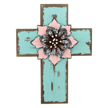 Load image into Gallery viewer, Antique Rustic Teal Wood Cross with 3D Pink Flower embellishment