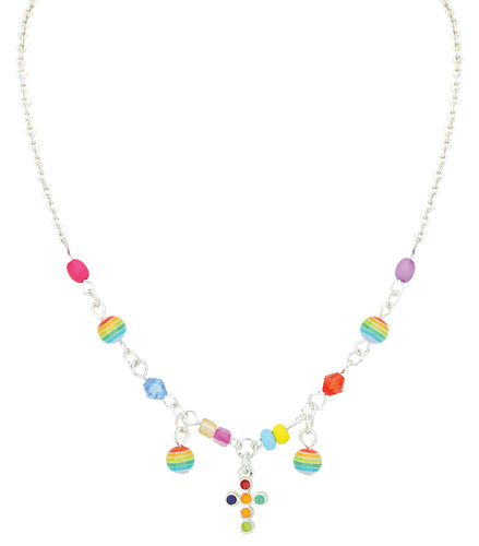 Silver necklace with multi colored beads and cross pendant for Children