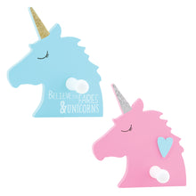 Load image into Gallery viewer, Blue and Pink Unicorns with glitter horns and hooks for hang items. Set of 2