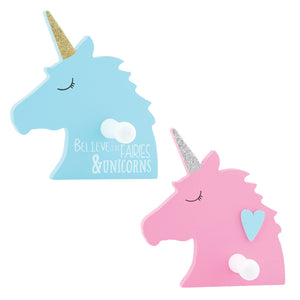 Blue and Pink Unicorns with glitter horns and hooks for hang items. Set of 2