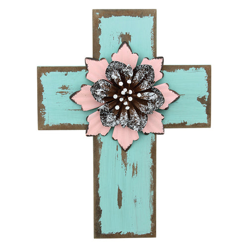 Antique Rustic Teal Wood Cross with 3D Pink Flower embellishment