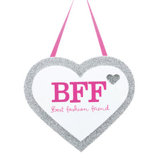 Load image into Gallery viewer, BFF silver glitter heart hangs from pink ribbon