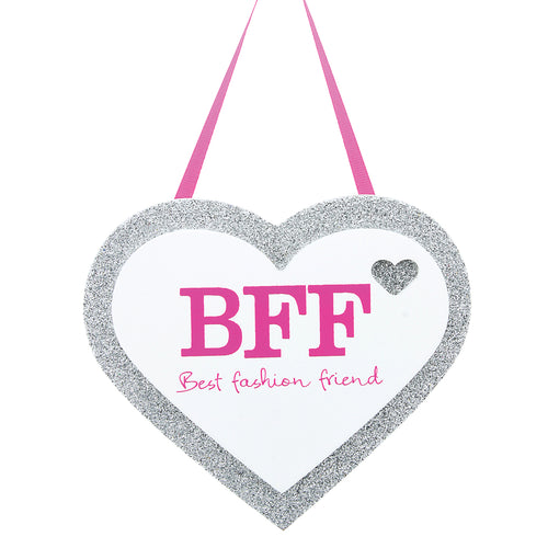BFF silver glitter heart hangs from pink ribbon