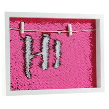 Load image into Gallery viewer, White Wood Frames Neon Pink and White sequins with 2 mini clothes pins to hang pictures