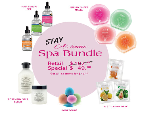 Spa Products. Hair Serum, Facial Sheet Mask, Salt Scrub, Bath Bombs, and Foot Cream Mask