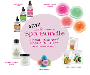 Spa Products. Hair Serum, Facial Sheet Mask, Salt Scrub, Bath Bombs, and Foot Cream Mask
